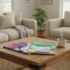Two A5 Mega Wordsearch Puzzle Books on wooden coffee table in cosy living room with natural light