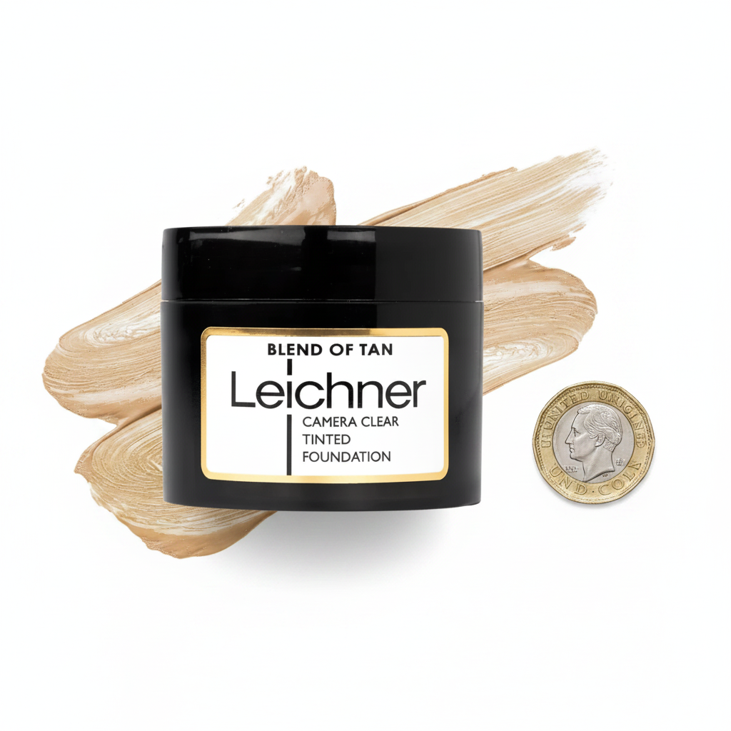 Leichner Camera Clear Tinted Foundation Blend of Tan flat lay beside a £1 coin showing product size