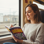 Woman on a commuter train enjoying the Compact A5 Crossword Puzzle Book — great travel activity