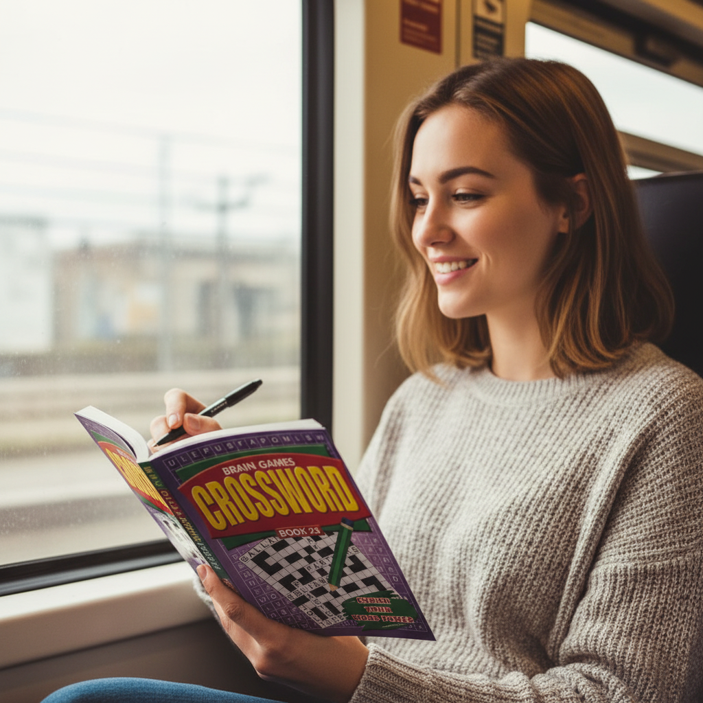 Woman on a commuter train enjoying the Compact A5 Crossword Puzzle Book — great travel activity