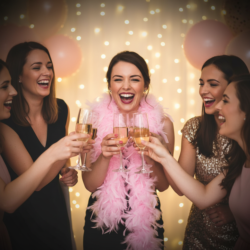 Women laughing at a hen party celebration, one draped in a soft baby pink feather boa, golden hour cinematic lighting