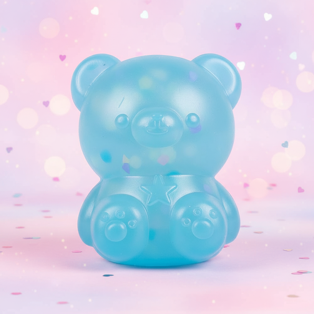 Scrunchems Kind Heart Squish Bear product shot on pastel pink background with hearts and confetti