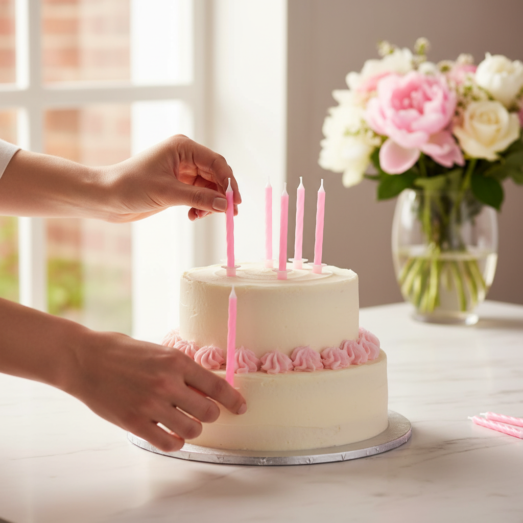 Elegant hands placing pink birthday candles into an iced cake on a marble kitchen counter