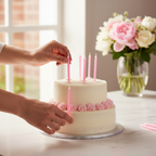 Elegant hands placing pink birthday candles into an iced cake on a marble kitchen counter