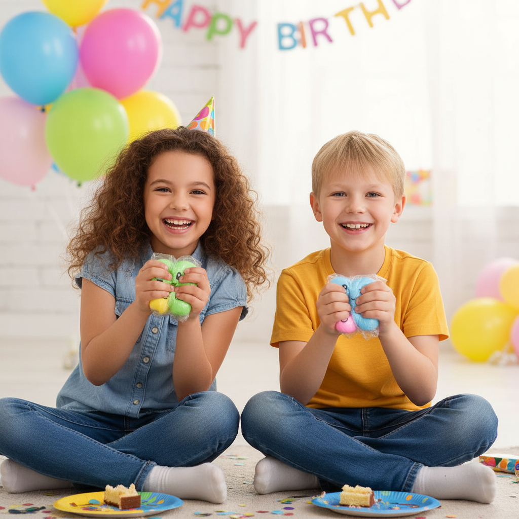 Two children at a birthday party playing with colourful squeeze octopus toys