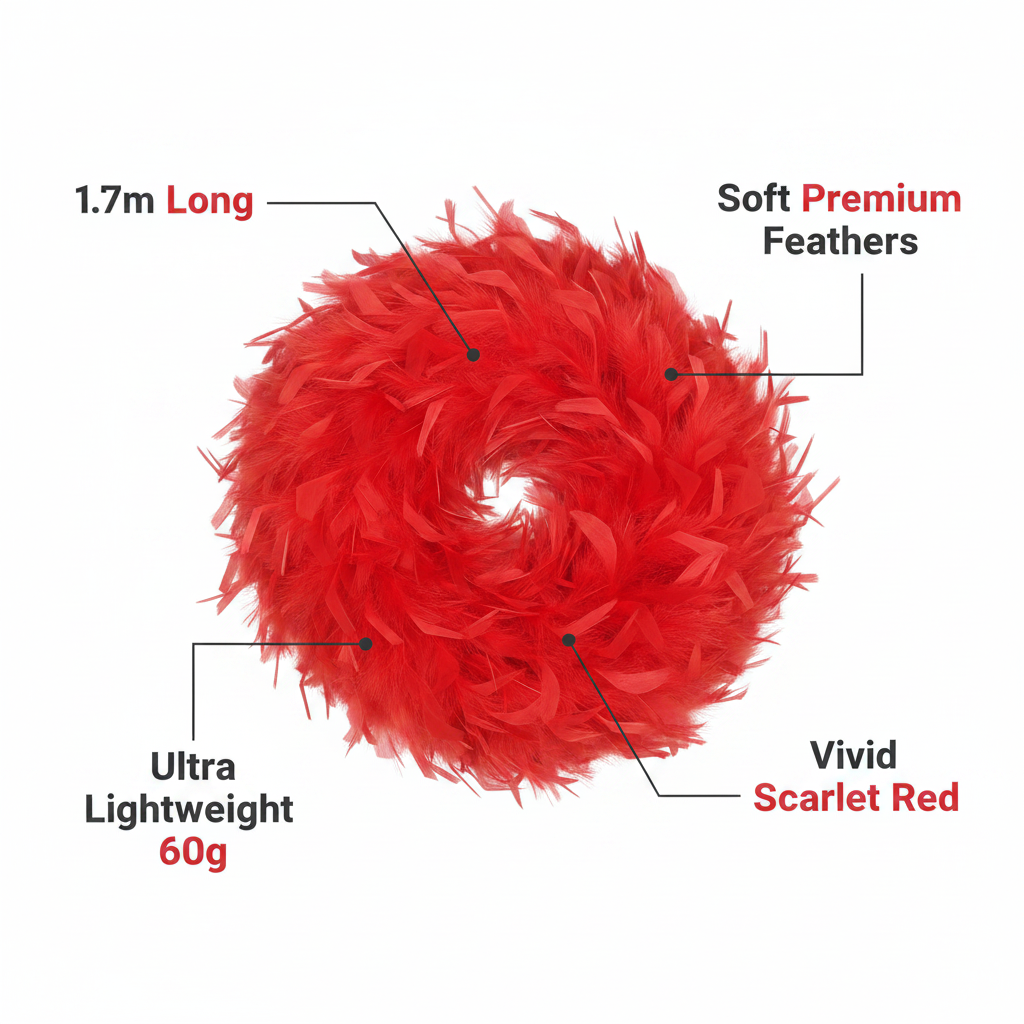 Red feather boa infographic showing key features: 1.7m long, 60g lightweight, soft premium feathers, vivid scarlet red