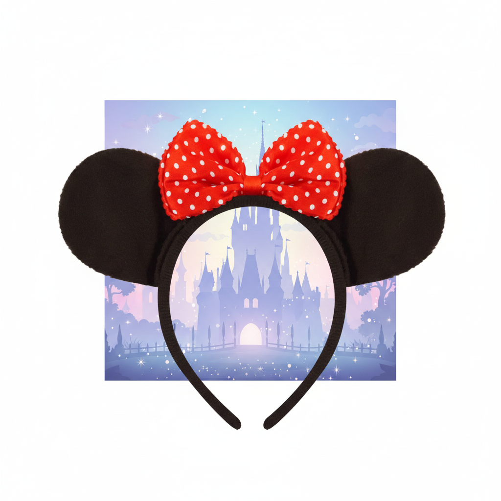 Mouse ears headband with red bow on magical Disney-themed background - product shot