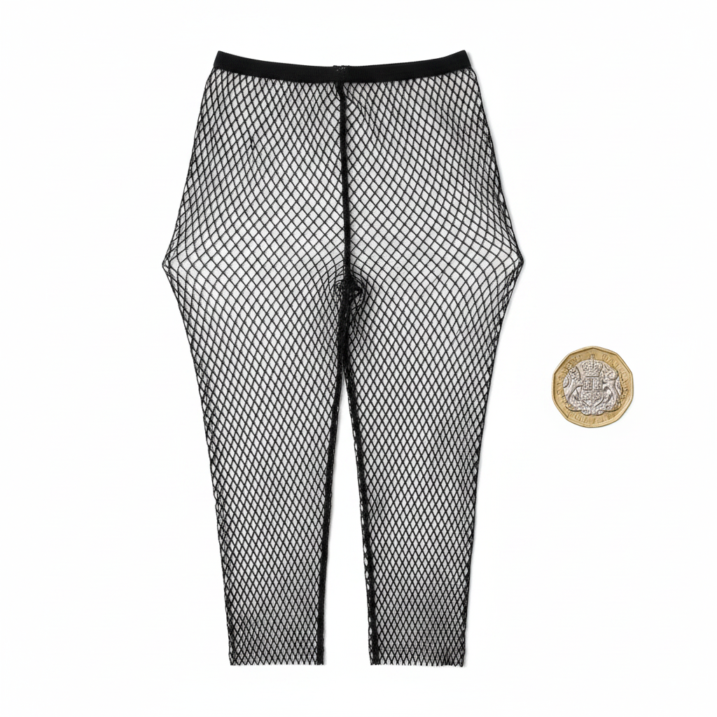 Women's Black Diamond Fishnet Tights flat lay with £1 coin for scale on white background