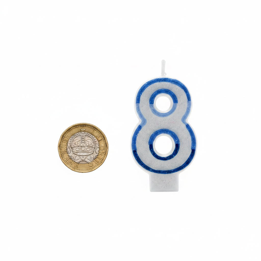 Blue glitter number 8 birthday candle beside a £1 coin showing scale, flat lay on white background