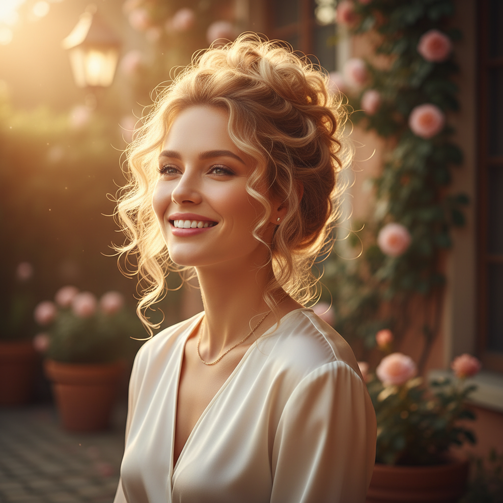 Confident woman with beautiful warm blonde curly updo hair bun in golden hour light, aspirational lifestyle scene