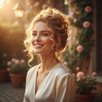 Confident woman with beautiful warm blonde curly updo hair bun in golden hour light, aspirational lifestyle scene