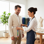 Tailor measuring a customer with a colourful cloth tape measure in a modern tailoring shop