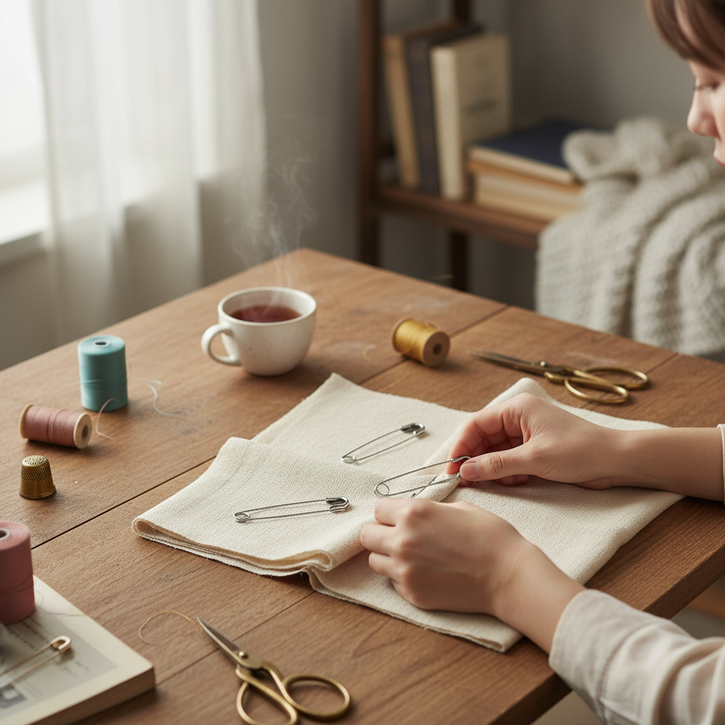 Heavy duty safety pins being used for sewing and crafting project on work table