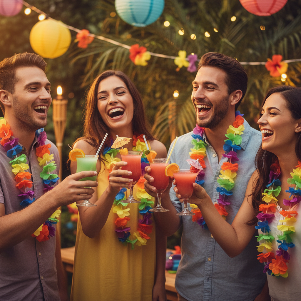 Friends wearing rainbow flower leis at Hawaiian luau garden party