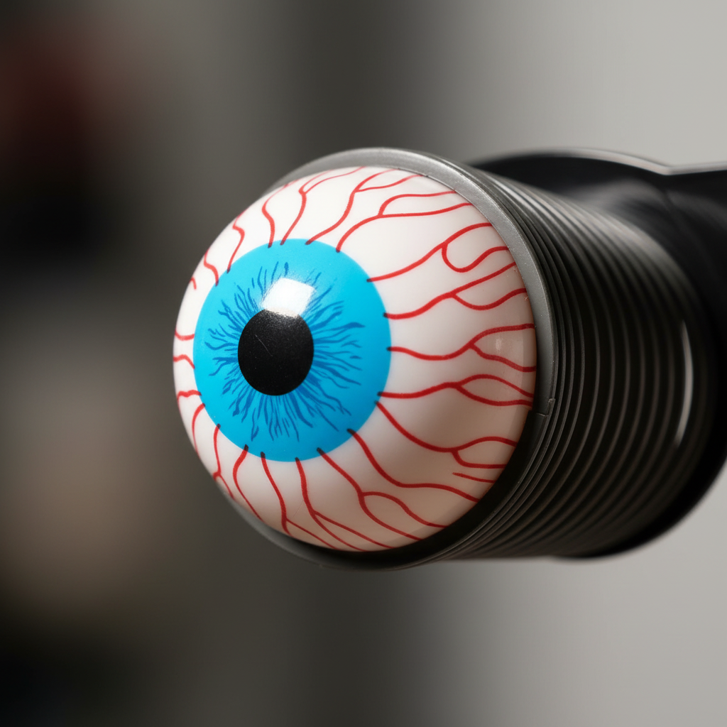 Extreme macro close-up of bulging eyeball on joke pop-out glasses showing red vein texture, cyan blue iris and dark grey coiled spring detail