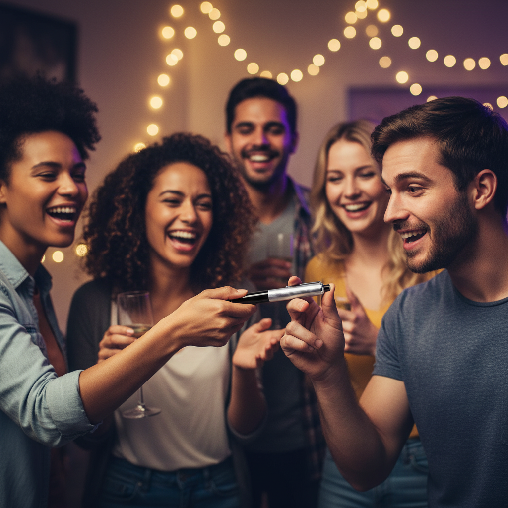 Friends laughing at electric shock joke pen prank at a house party