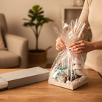 Woman's hands wrapping a gift hamper with crystal-clear cellophane wrap, tying with a ribbon