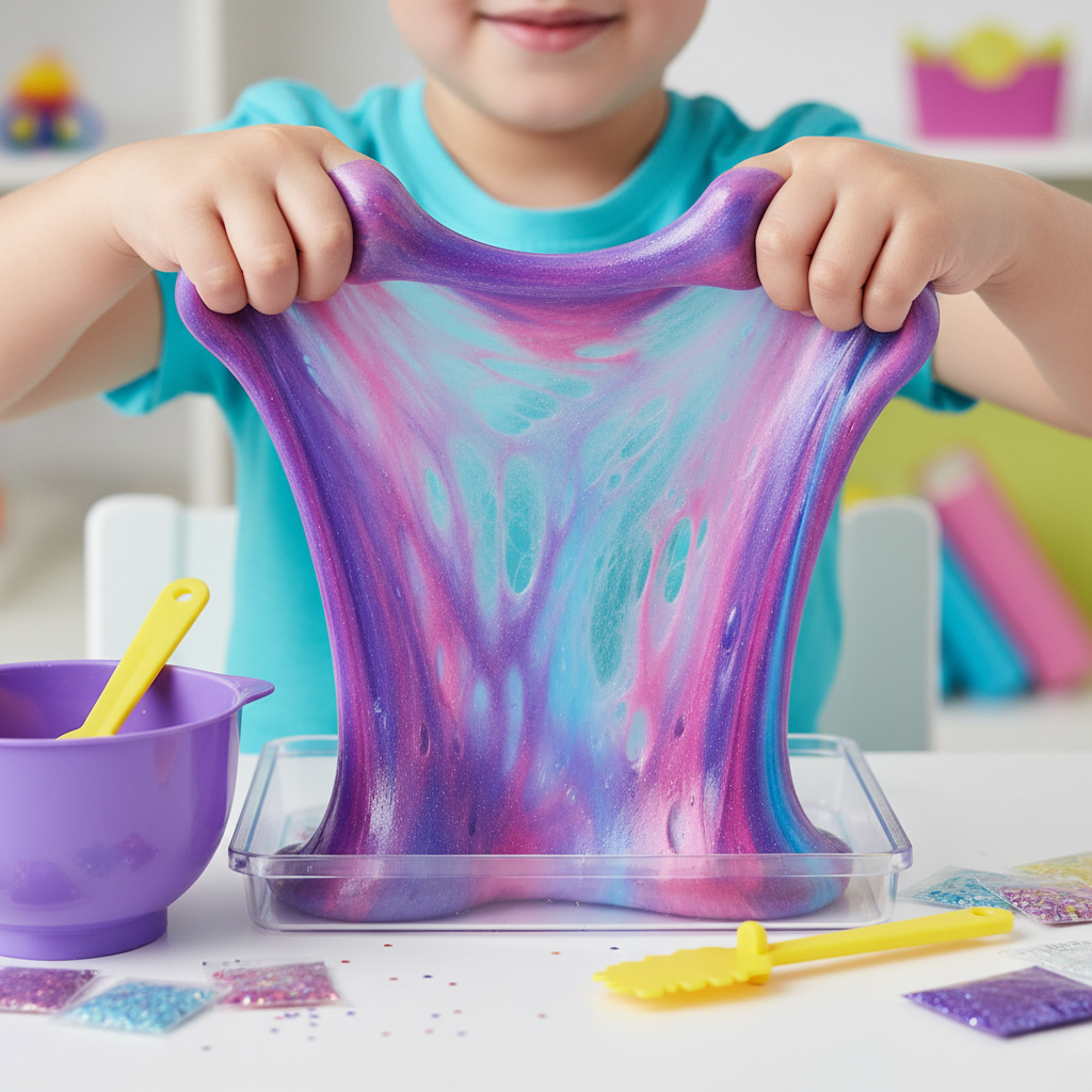 Child's hands stretching vibrant colorful slime made with MYO Slime Mixing Station