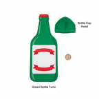 Fun Beer Bottle Adults Fancy Dress Costume flat lay with UK £1 coin for scale on white background showing green tunic and red cap hood