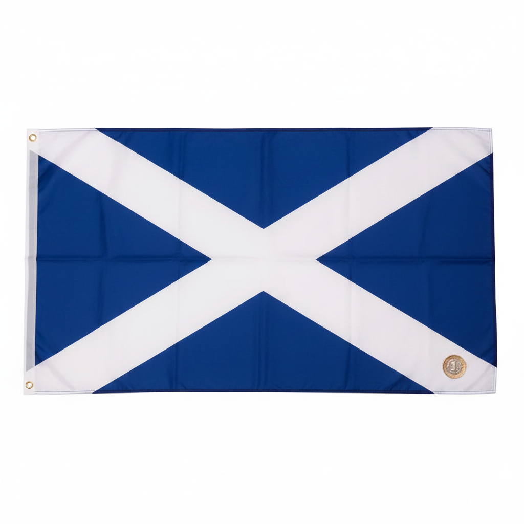 Scotland flag laid flat beside a UK £1 coin on white background to show scale, demonstrating the large 150 x 90cm size