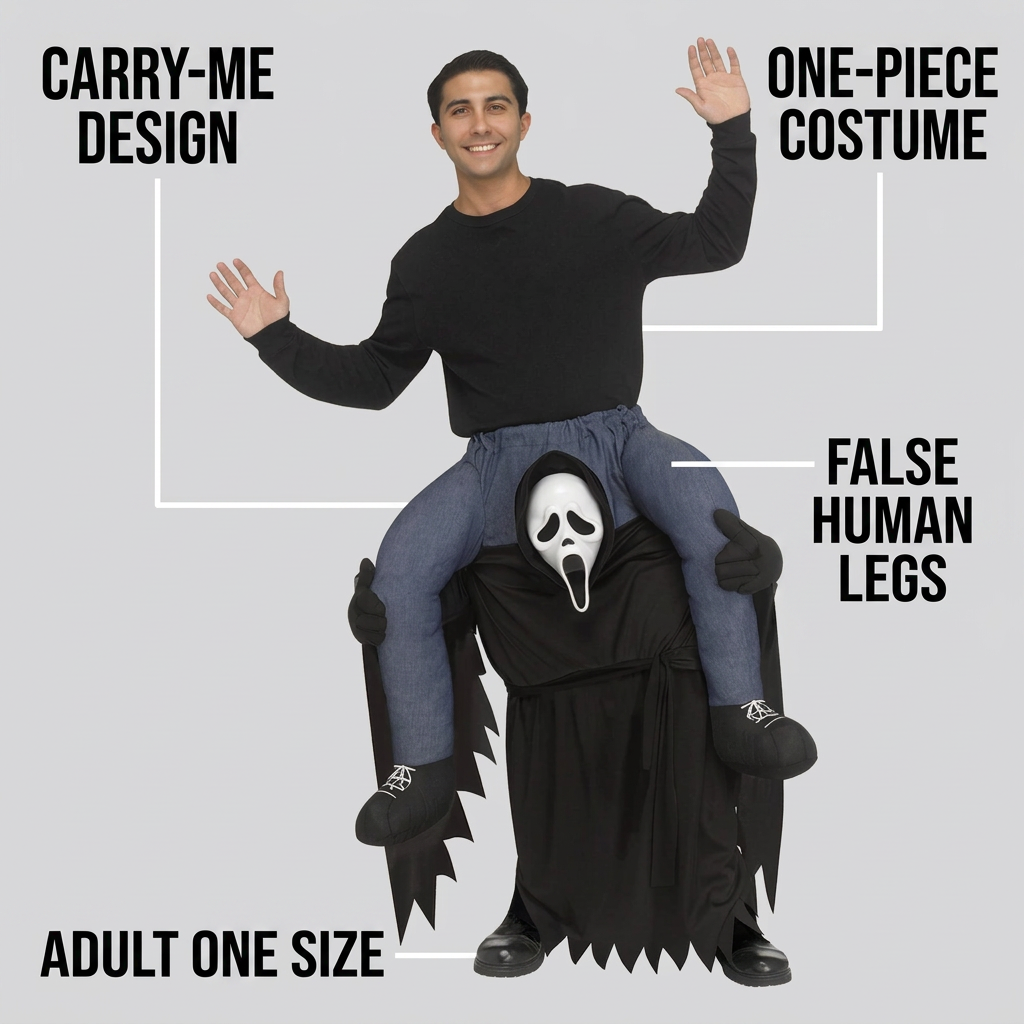 Ghost Face carry-me costume infographic showing false legs, one-piece design and adult one size
