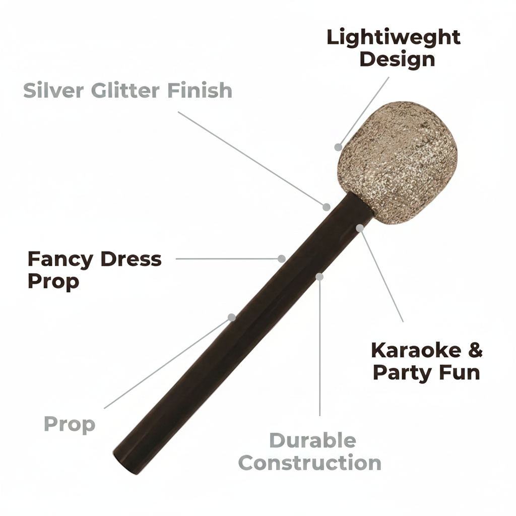 Silver glitter microphone fancy dress prop infographic showing silver glitter finish, lightweight design, fancy dress prop, karaoke and party fun features