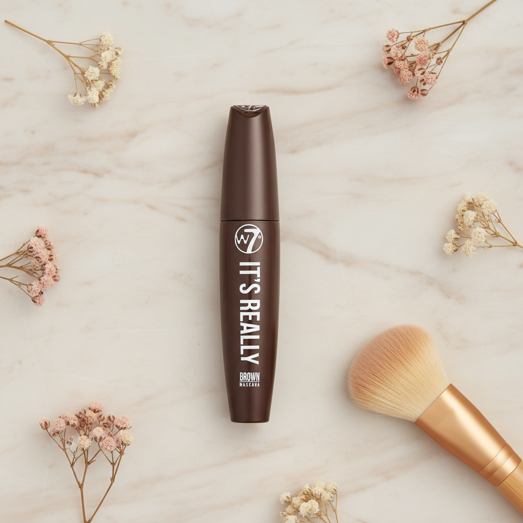 W7 It's Really Colour Mascara in Brown standing upright on a warm marble surface with dried flowers and a makeup brush, premium beauty product shot