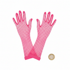 Neon pink fishnet gloves flat lay on white background beside a UK pound coin to show scale and length