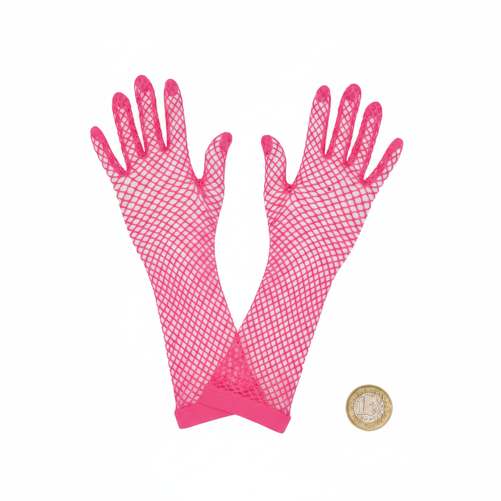 Neon pink fishnet gloves flat lay on white background beside a UK pound coin to show scale and length