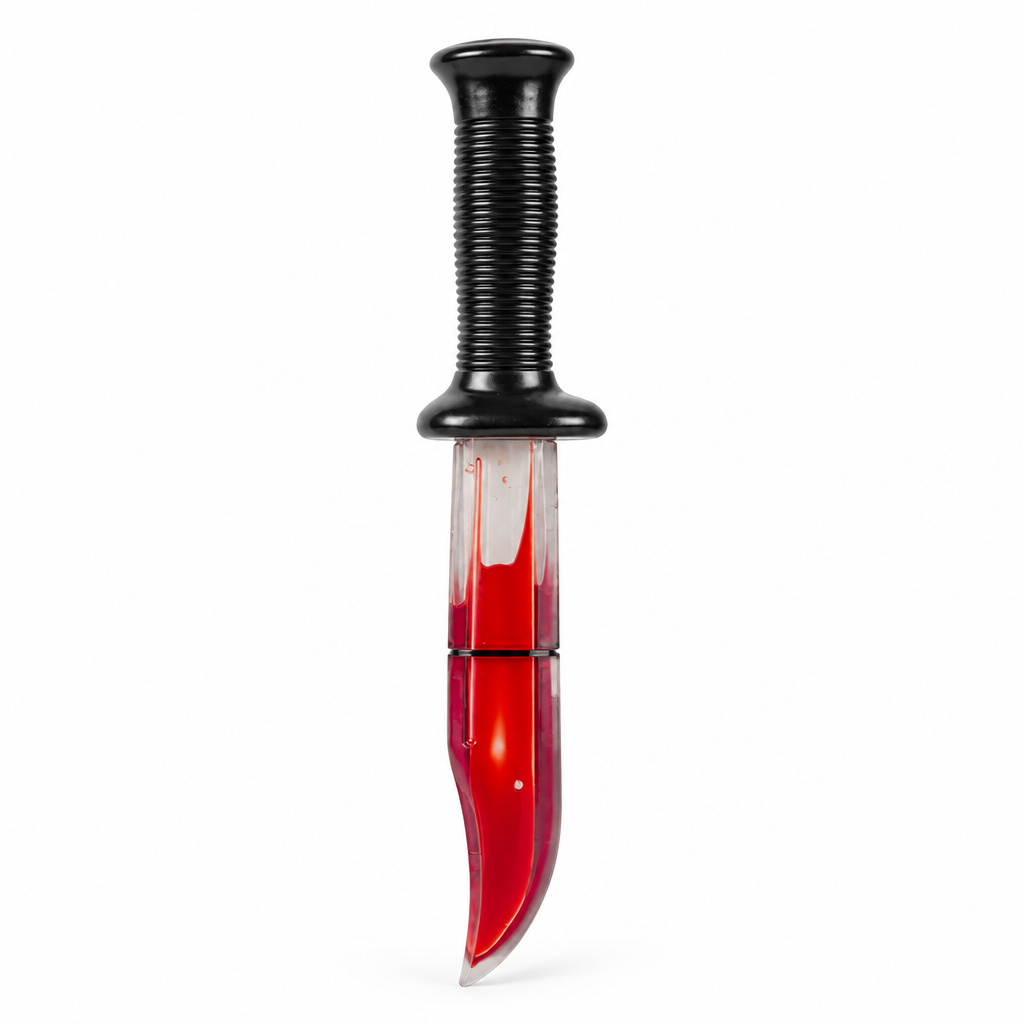 Ghost Face bloody knife prop with black ribbed handle and clear blade filled with red fake blood on a white background
