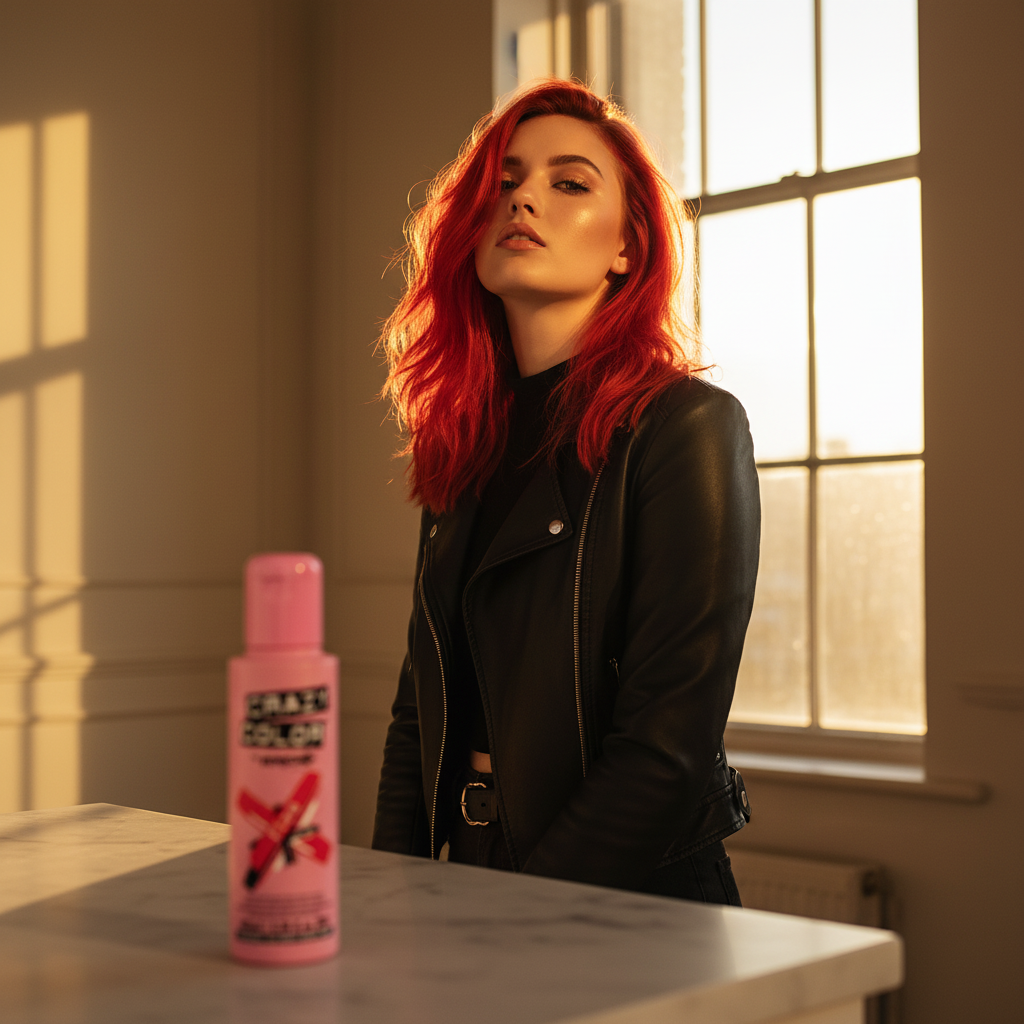 Young woman with vivid fire red hair sitting by a sunlit window, Crazy Color Fire Red hair dye bottle on vanity in foreground, golden hour light