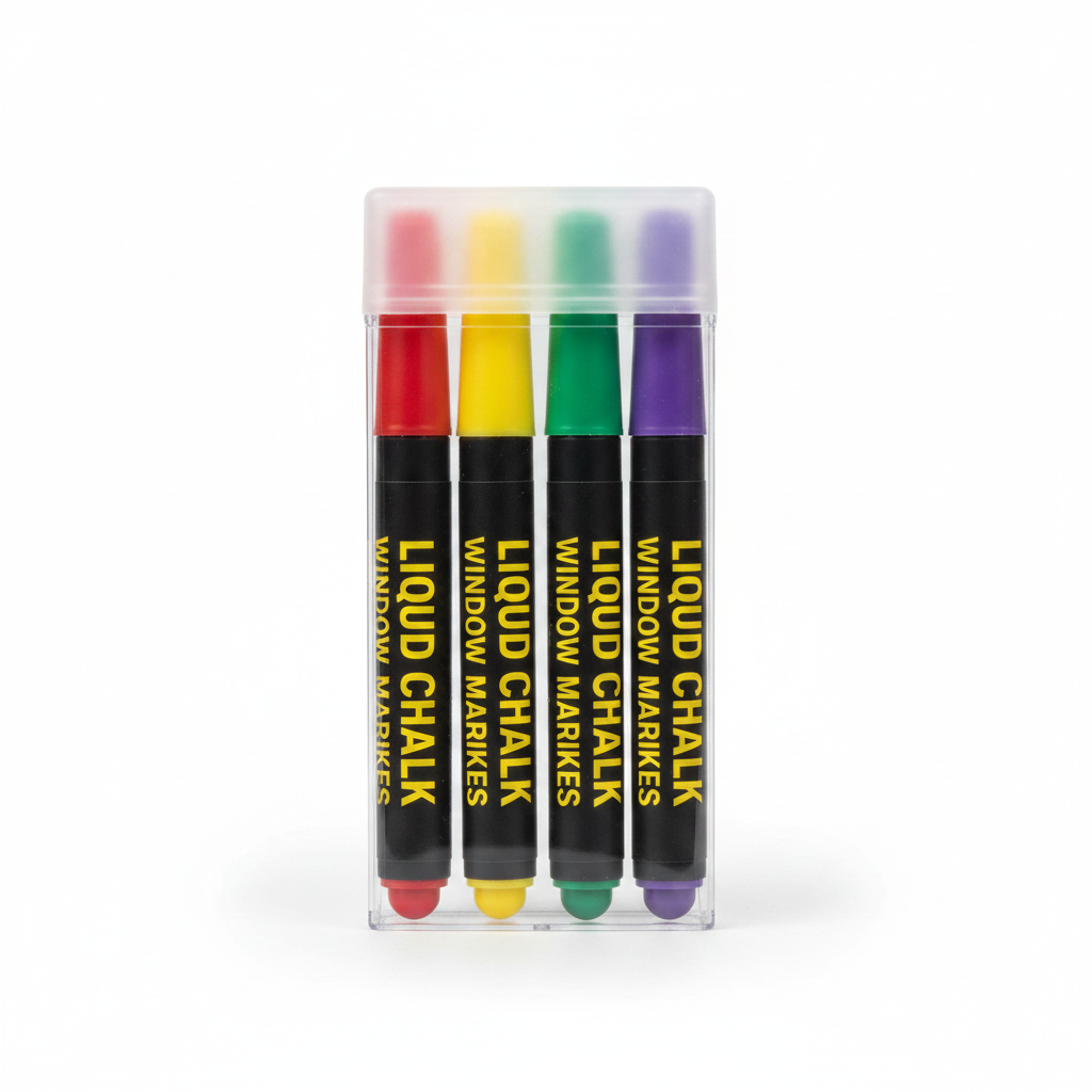 Pack of 4 liquid chalk window marker pens in red, yellow, green and purple on a white studio background