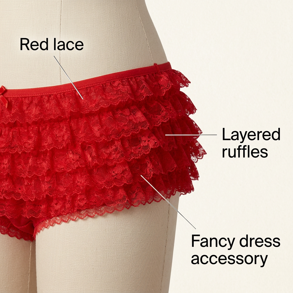 Red lace and layered ruffle features labelled on Smiffys costume panties