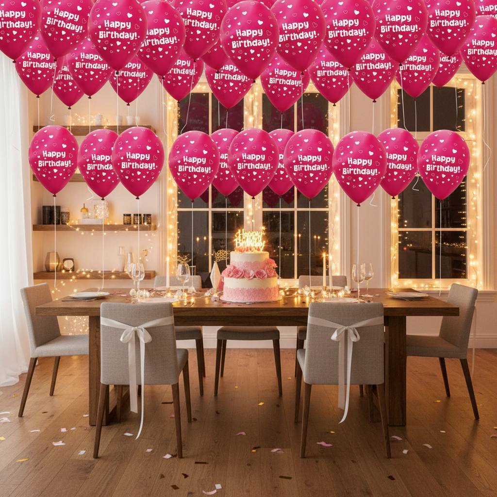 Birthday party room decorated with fuchsia pink Happy Birthday heart balloons tied to chairs and floating near ceiling with birthday cake on table