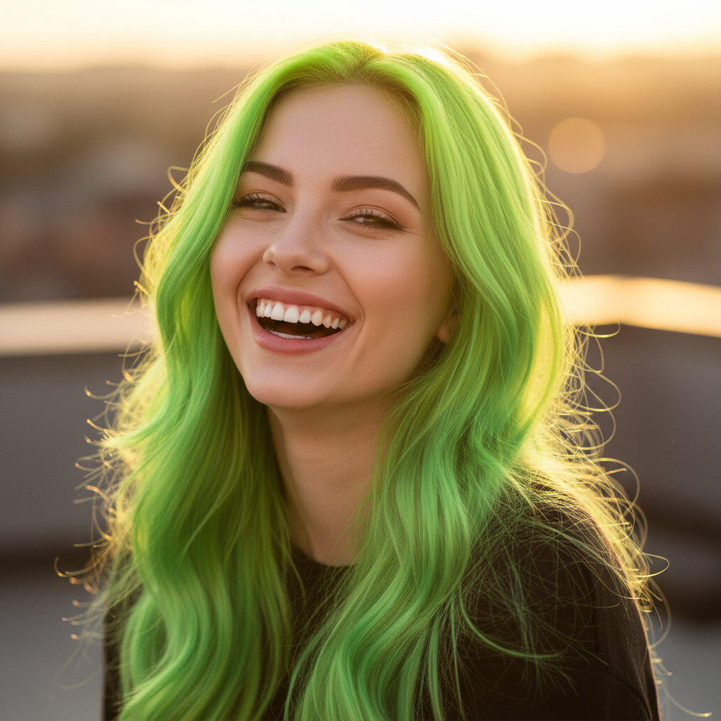 Woman with vibrant neon lime-green Crazy Color Emerald Green hair laughing in golden hour light