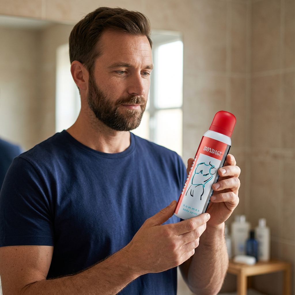 Man in a navy shirt holding and looking at a capped Bondage Homme body spray can.
