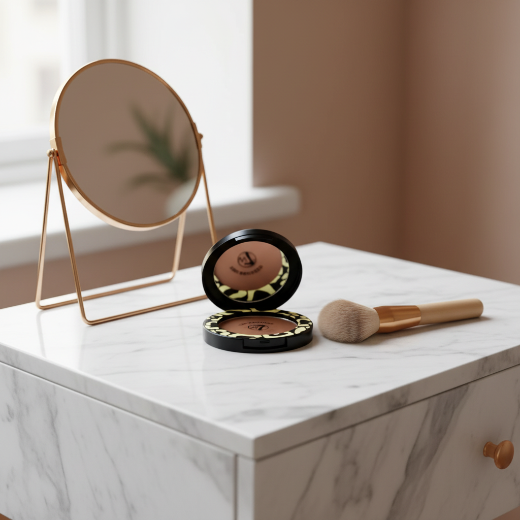 W7 The Bronzer Matte Bronzing Powder Compact on marble vanity with makeup brush and mirror, natural window light editorial beauty styling