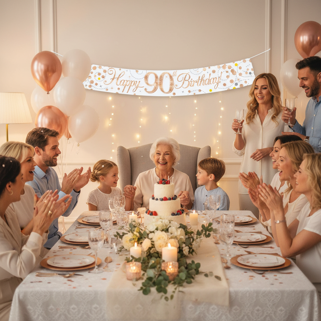 Multi-generational family celebrating 90th birthday with Sparkling Fizz rose gold banner