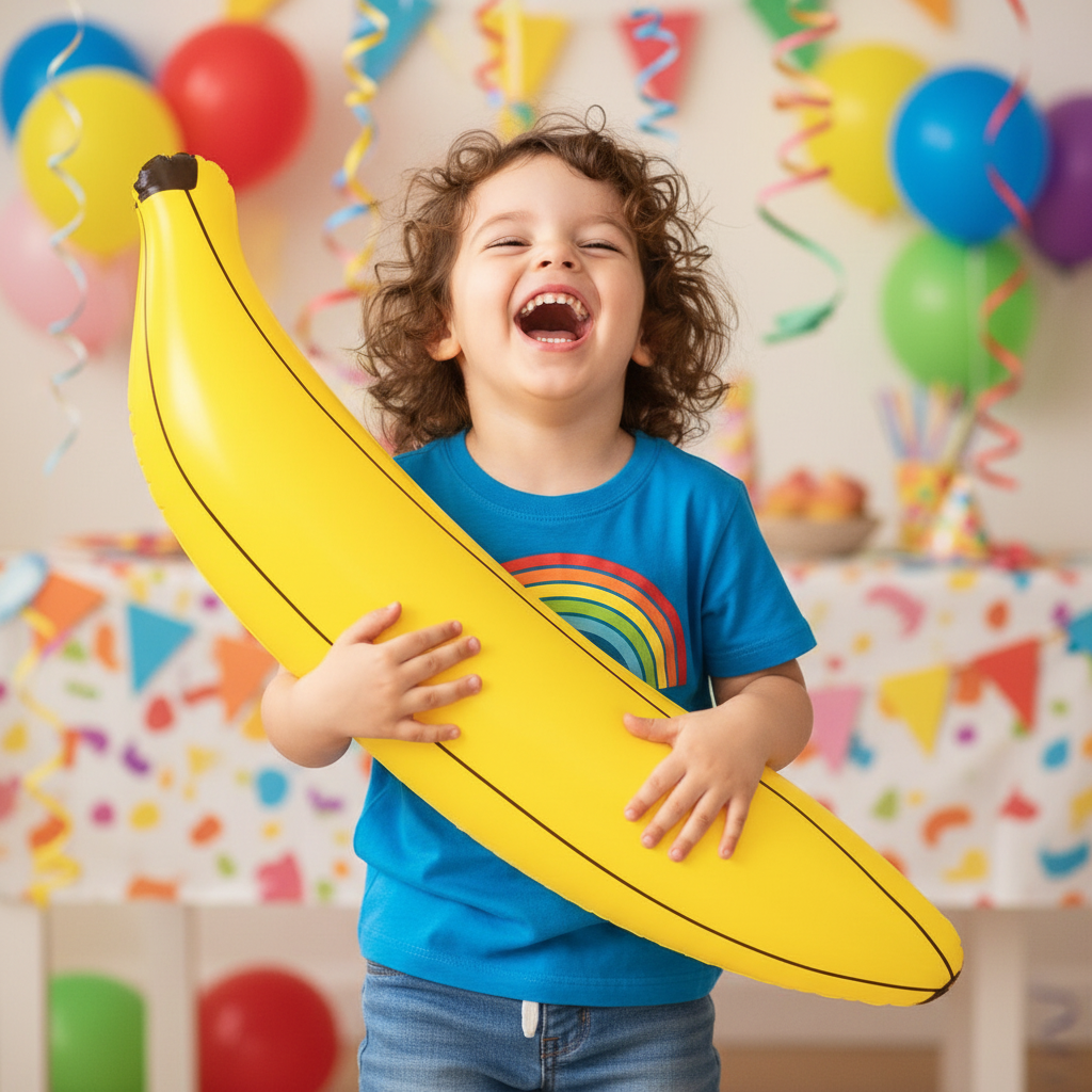 Child at a birthday party holding an inflatable banana 80cm handheld party prop
