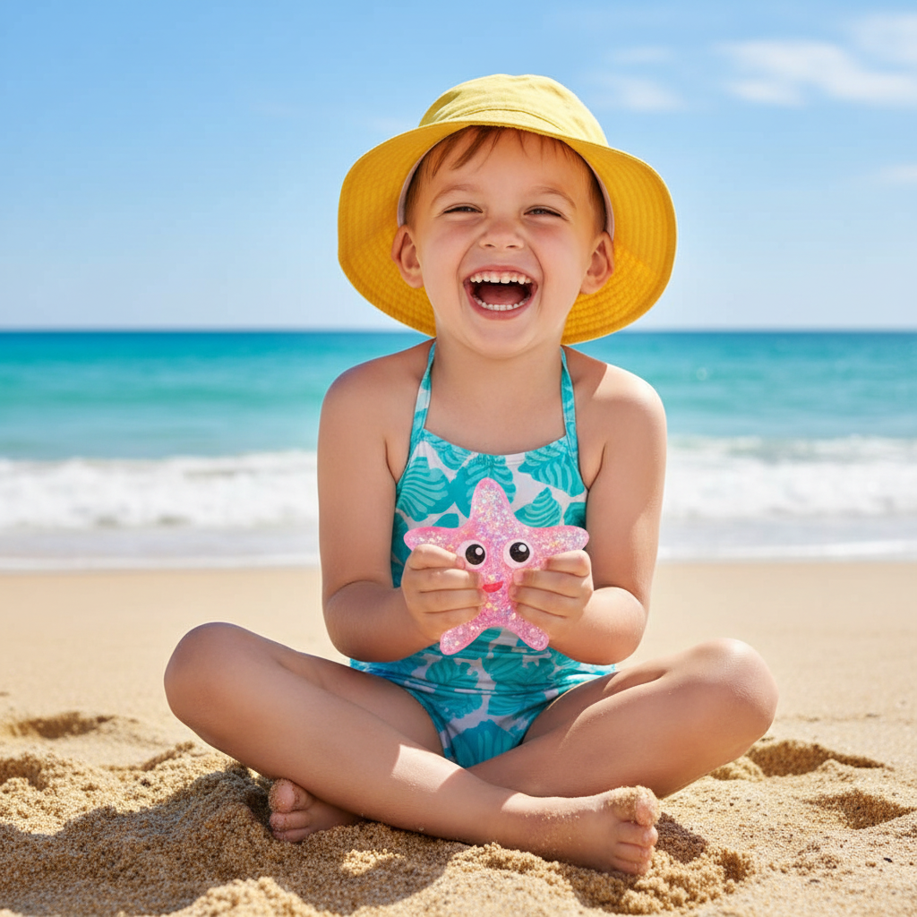 Child playing with squeeze starfish sparkle toy on sunny beach