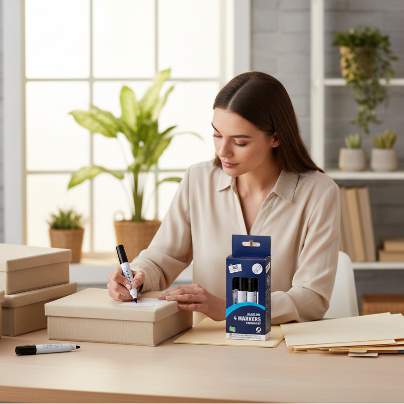 Woman using a Tallon black chisel tip permanent marker to label storage boxes at a home office desk