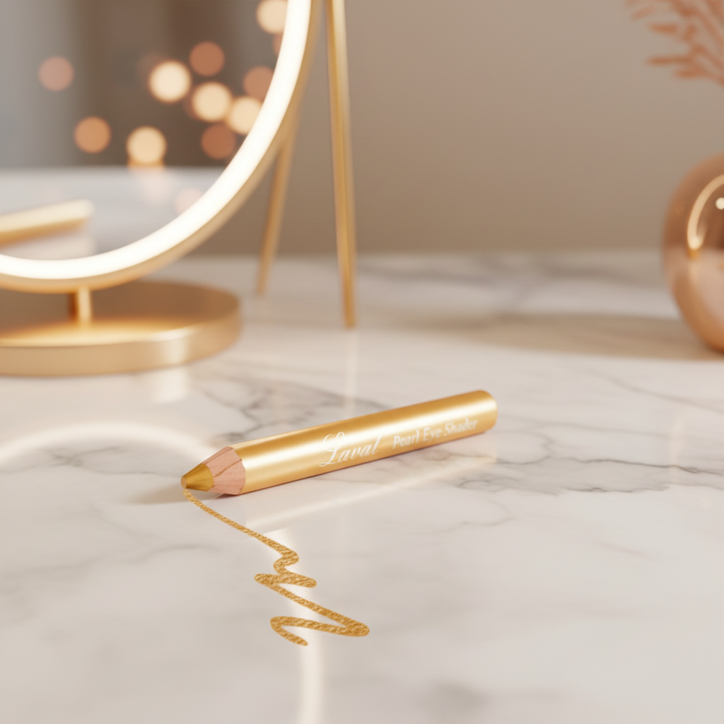 Laval Pearl Eye Shader Gold eyeshadow pencil on a luxury vanity table in an evening glamour setting