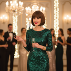 Confident woman wearing sleek glossy rich brown bob wig at a glamorous party — bold diva style