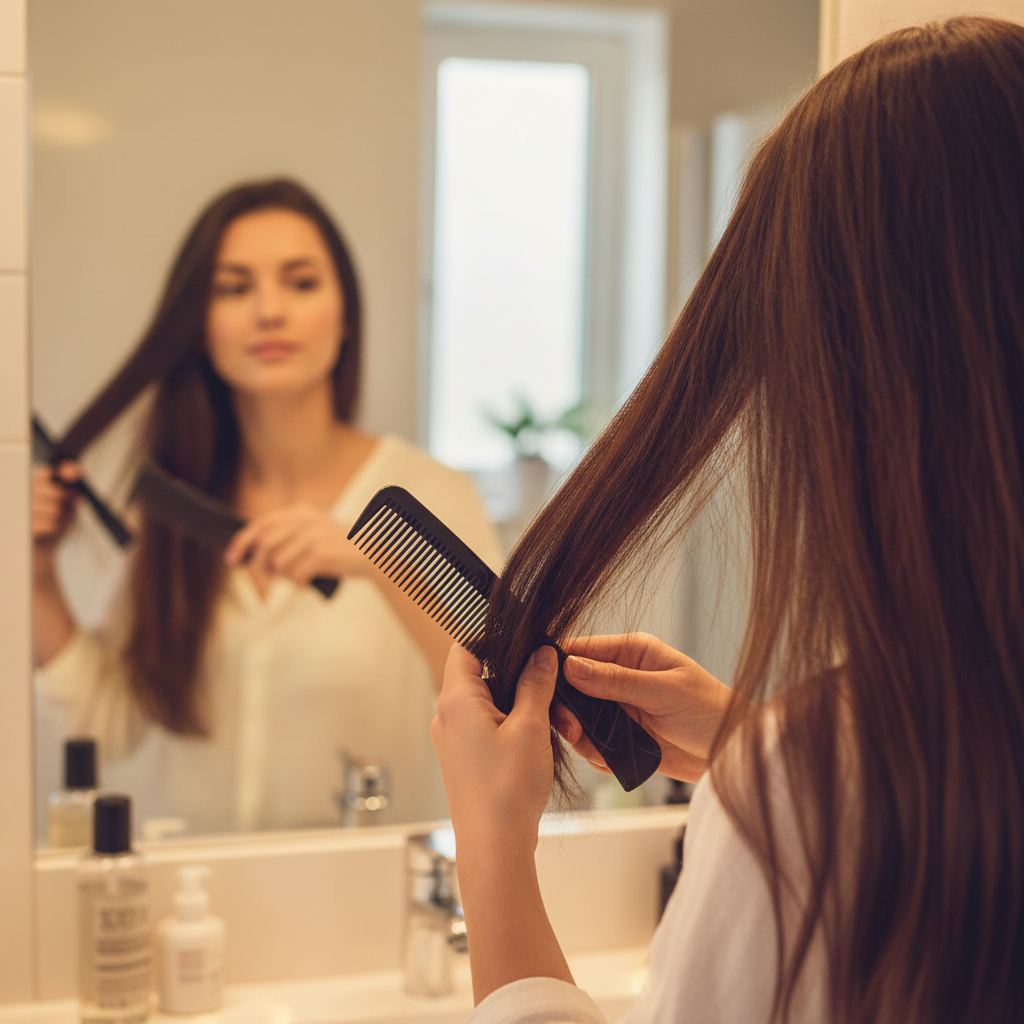 Woman using jet black professional hair comb to detangle long hair in bathroom, candid lifestyle shot