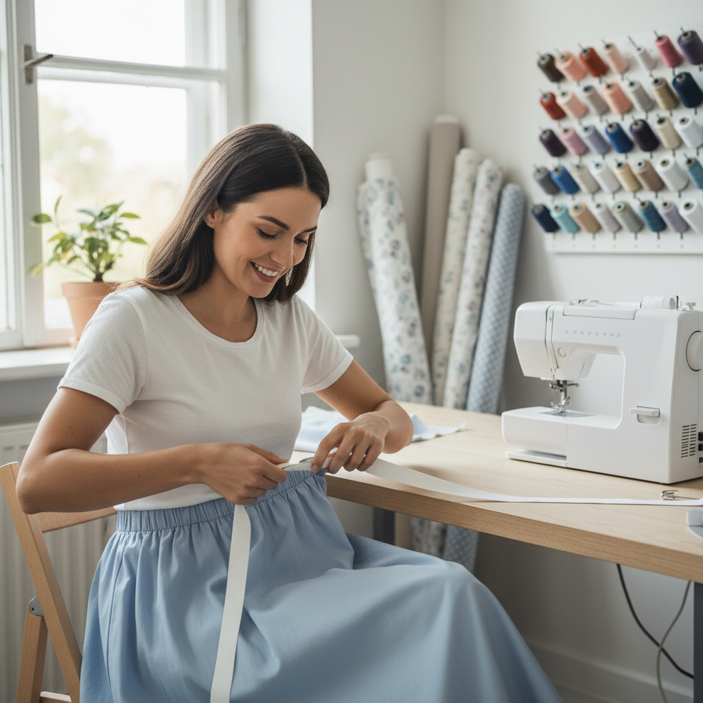 Woman threading soft white elastic through a skirt waistband at a sewing table