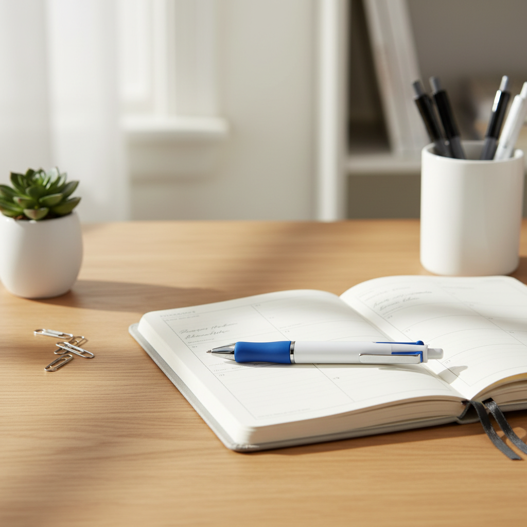 Tiger Stationery 4-colour ballpoint pen resting on an open planner on a modern home office desk with natural window light