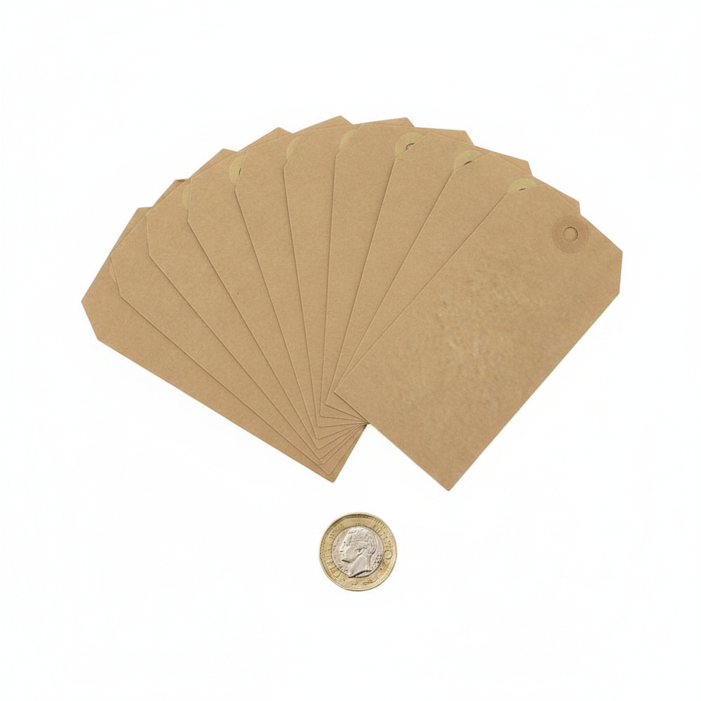 Flat lay of 10 kraft brown luggage labels arranged beside a British £1 coin to show scale, white background