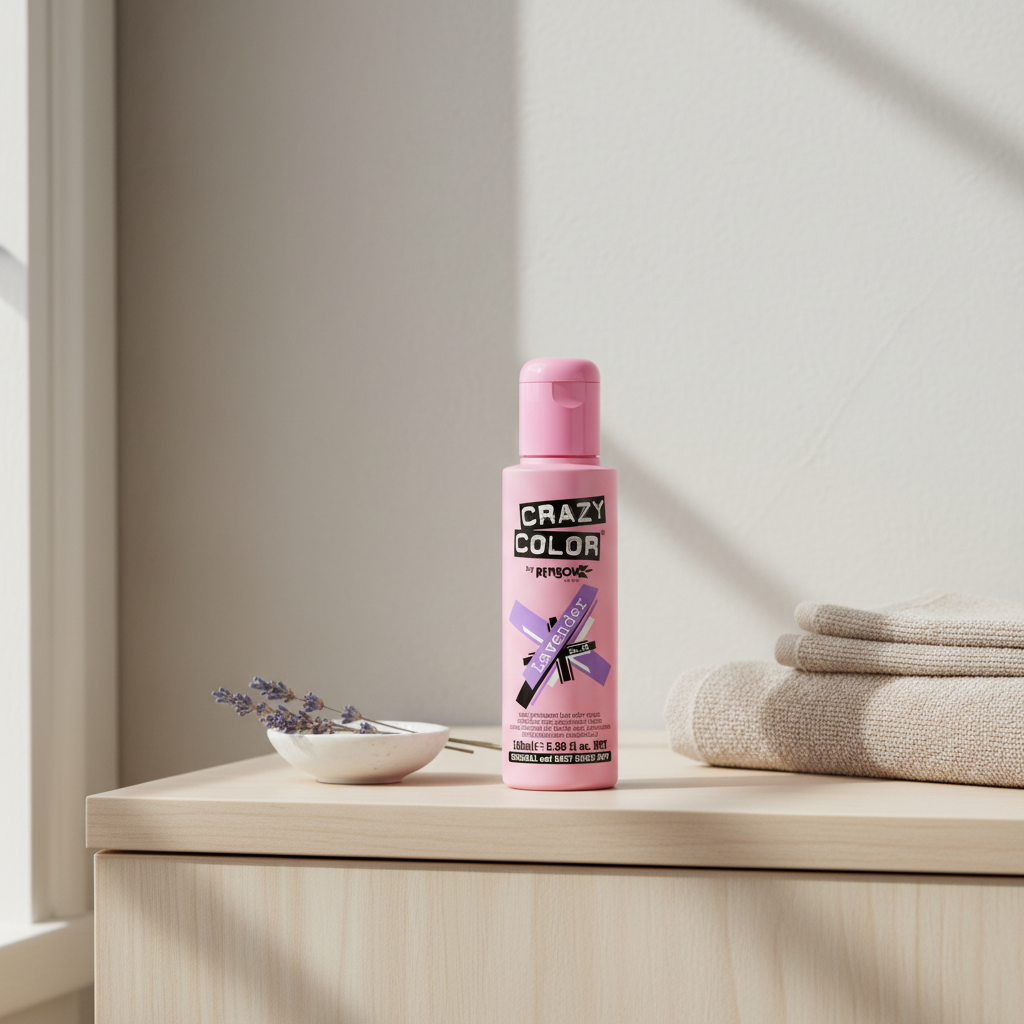 Crazy Color Lavender No.54 hair dye bottle styled on a clean bathroom shelf with minimal props, natural window light, interior magazine quality