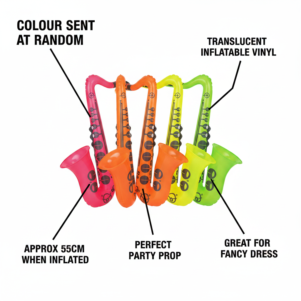 Inflatable saxophones feature infographic showing neon colours, translucent vinyl, approx 55cm inflated size, colour sent at random