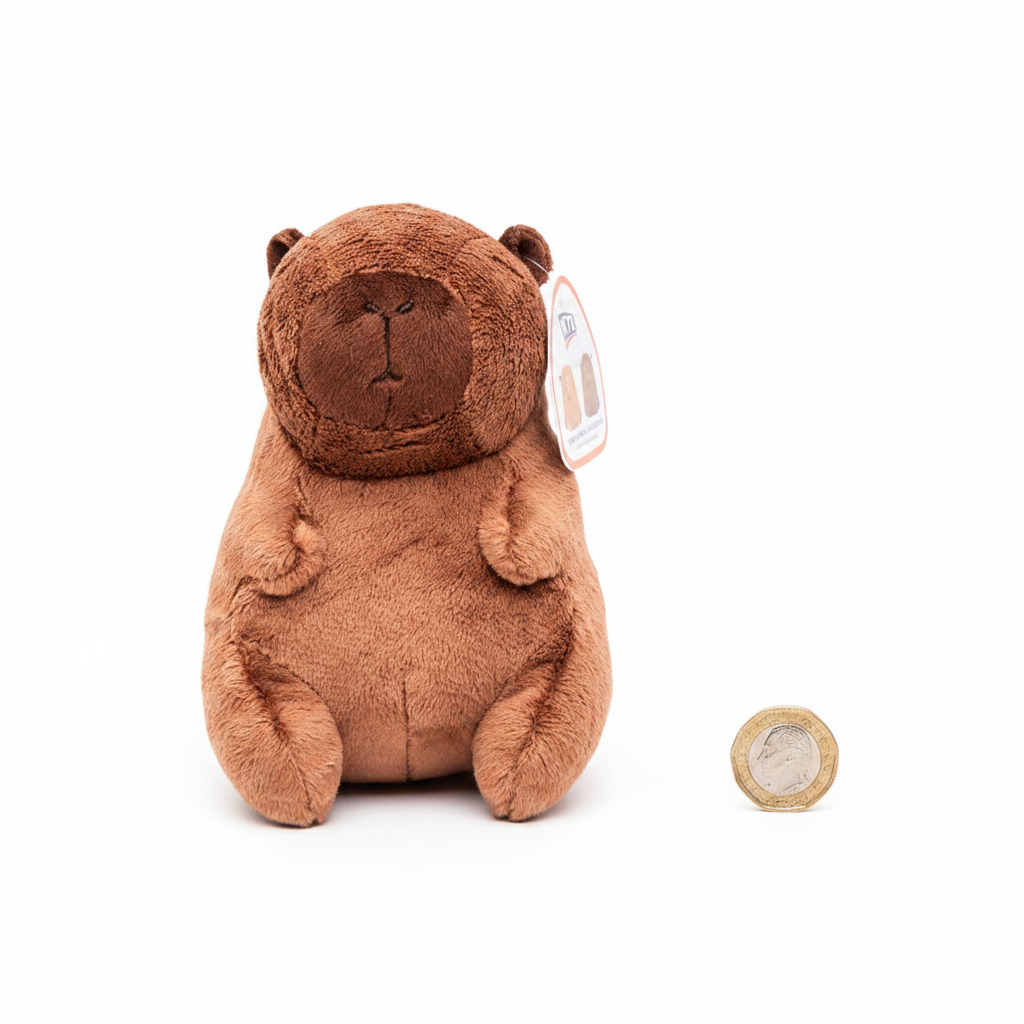 Cuddly Capybara plush toy 15cm flat lay beside a £1 coin to show scale